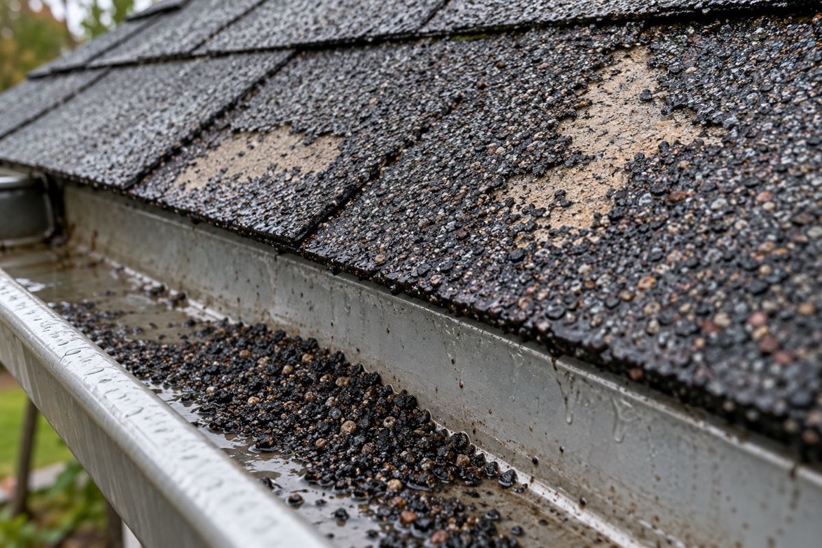 Close view of shingles with lost granules collected in a gutter
