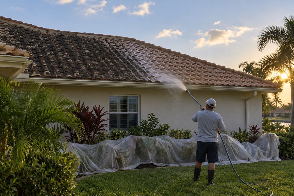 Crew member soft washing a tile roof while plants below are covered