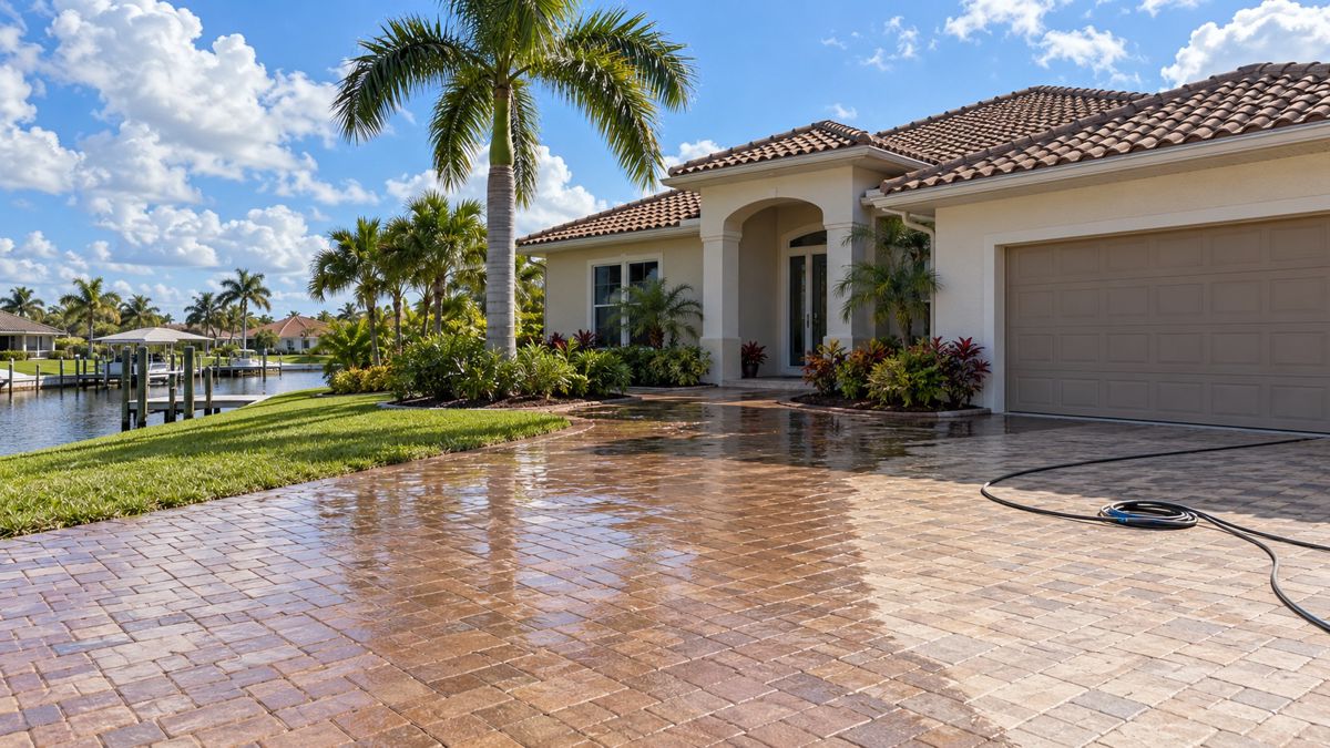 Clean stucco home with a washed paver driveway on a Cape Coral street