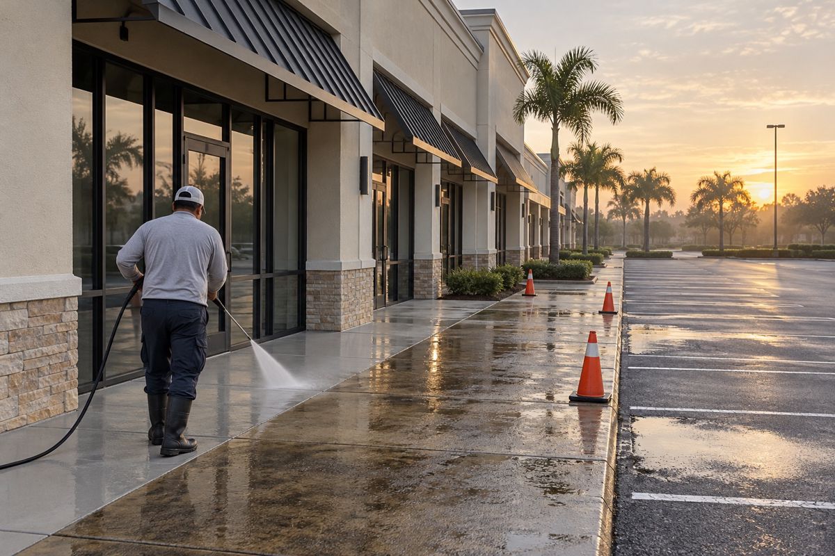 Worker washing the sidewalk in front of a retail plaza at dawn
