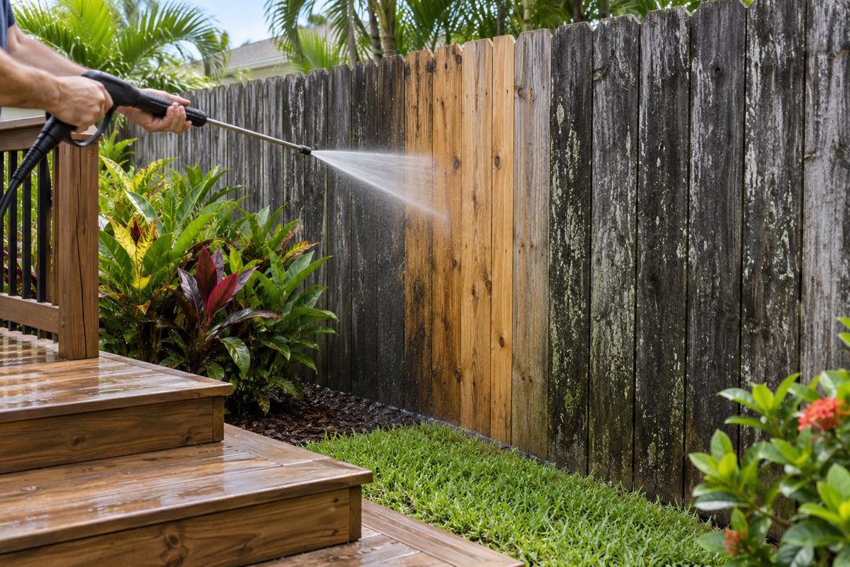 Wood fence partly cleaned of gray mildew in a Florida backyard