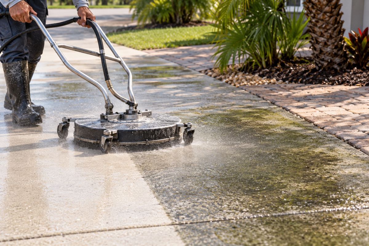 Surface cleaner leaving a clean stripe across a stained concrete driveway