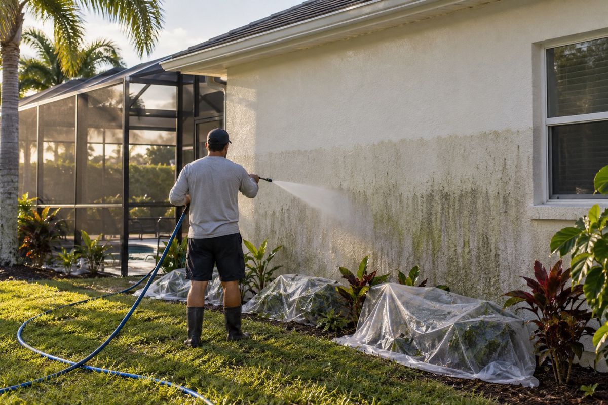 Worker rinsing green streaked stucco wall with a soft low pressure spray