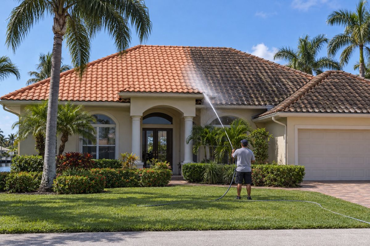 Tile roof half cleaned showing dark algae streaks beside clean tiles
